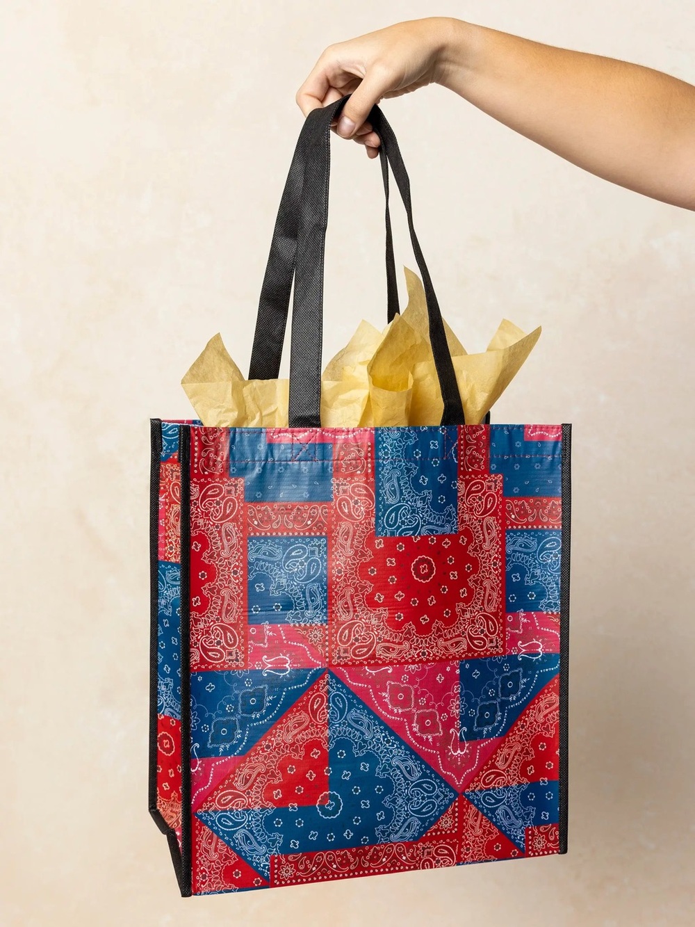 Natural Life XL Happy Bag, Patchwork Bandana Print Tote Bag in Red & Blue